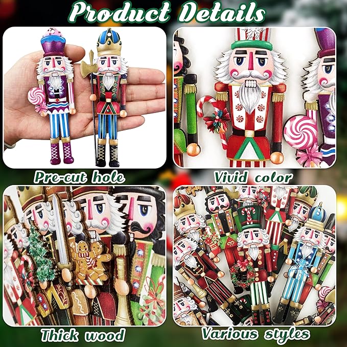 24 Pieces Christmas Nutcracker Wooden Ornaments, Wood Hanging Decoration Set for Christmas Tree Hanging 2D Printed Wood Crafts Holiday Decor Xmas Party Supplies (Xmas-Nutcracker-A)