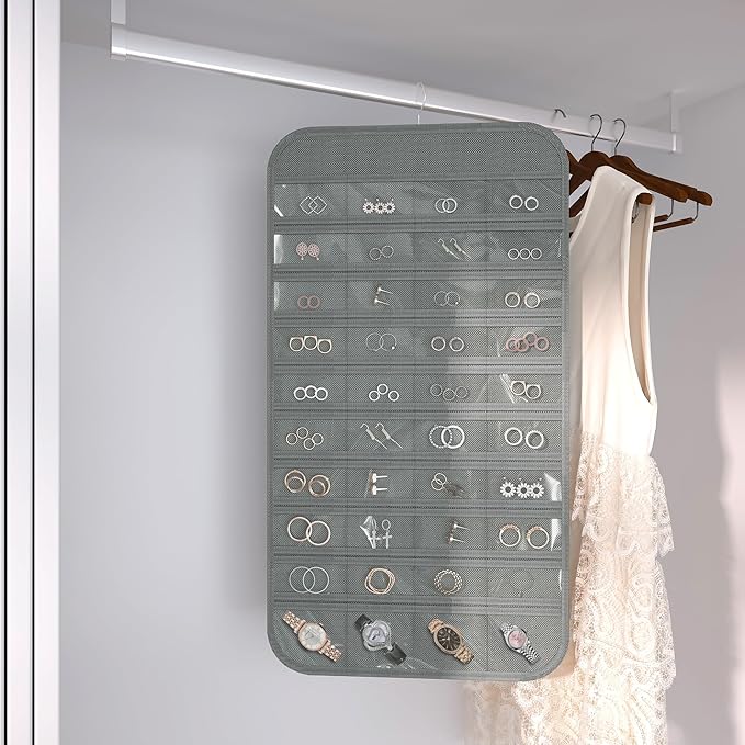 2-Pack Hanging Jewelry Organizer Storage, 40 Pockets 36 Hooks Necklace Earring Necklace Bracelet Ring Organizer, Double - Sided Design, Grey