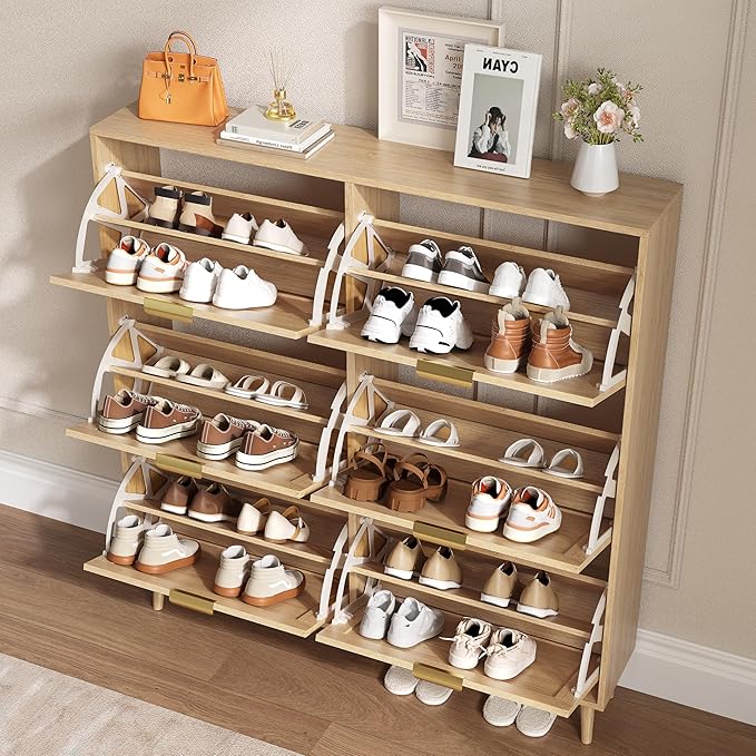 Shoe Cabinet for Entryway with 6 Flip Drawers, Slim Wooden Shoe Storage Organizer with Modern Fluted Pannel，Freestanding Narrow Hidden Shoe Rack for Hallway, Foyer, Living Room