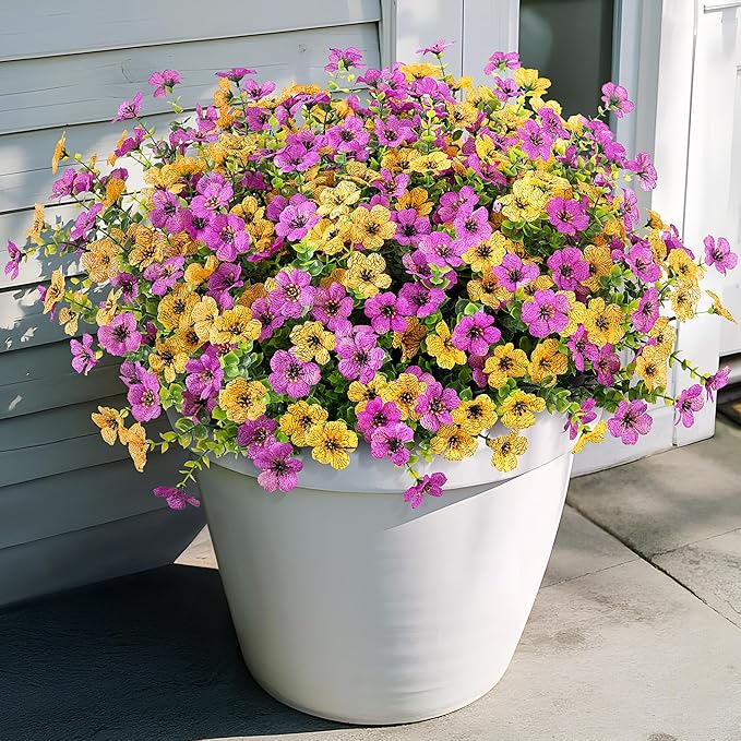 Artificial Fake Mums Flowers for Outdoor Spring Summer Decor, 12 Bundles Faux Silk Plants Daisy for Planter Pot Colorful UV Resistant Look Real for Front Door Porch Patio Outside Yard(Purple Yellow)