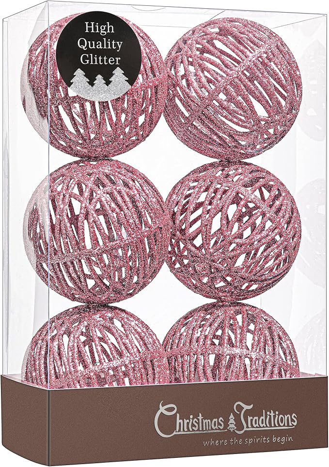 Christmas Traditions 4 inch Pink Glittered Rattan Ball Ornaments Hanging Tree Decorations (Set of 6) (Pink)