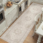 Beige Runner Rug 2'6"x14' Washable Vintage Carpet Hallway Kitchen Soft Retro Low Pile Thin Indoor Bedroom Non Slip Oriental Medallion Long Throw Rug for Bathroom Laundry Dining Room