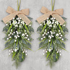 2 Pcs 24" Artificial White Flower Teardrop Wreaths Swag Spring Summer Berries Swags Wreath White Floral Hanging Wreaths for Kitchen Cabinet Doors Window Wall Wedding Party Home Decor