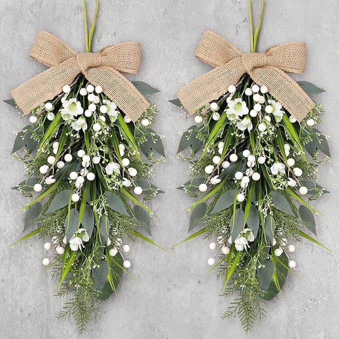 2 Pcs 24" Artificial White Flower Teardrop Wreaths Swag Spring Summer Berries Swags Wreath White Floral Hanging Wreaths for Kitchen Cabinet Doors Window Wall Wedding Party Home Decor