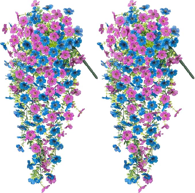 Artificial Flowers for Outdoors Home Decor, 2 Packs Faux Daisy Silk Flower Realistic Fake Plants for Front Porch Courtyard Outside Hanging Floral Spring Summer Fake Planter Decoration (Purple Blue)