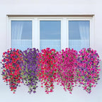 Artificial Hanging Flowers for Outdoor, 4pcs Fake Plants Long Vine Morning Glory Eucalyptus, Spring Summer UV Resistant Realistic Faux Greenery Indoor Outside Patio Porch Garden Decor, Hot Pink Purple