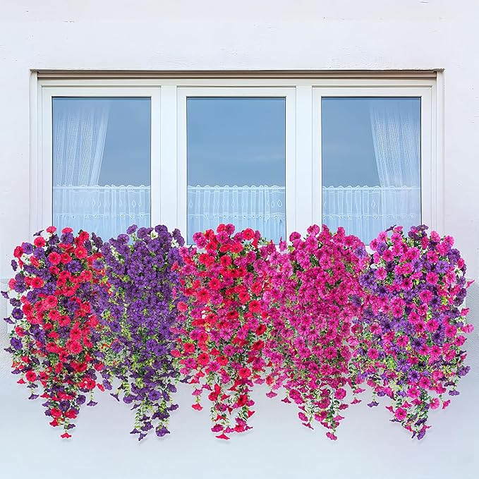 Artificial Hanging Flowers for Outdoor, 4pcs Fake Plants Long Vine Morning Glory Eucalyptus, Spring Summer UV Resistant Realistic Faux Greenery Indoor Outside Patio Porch Garden Decor, Hot Pink Purple
