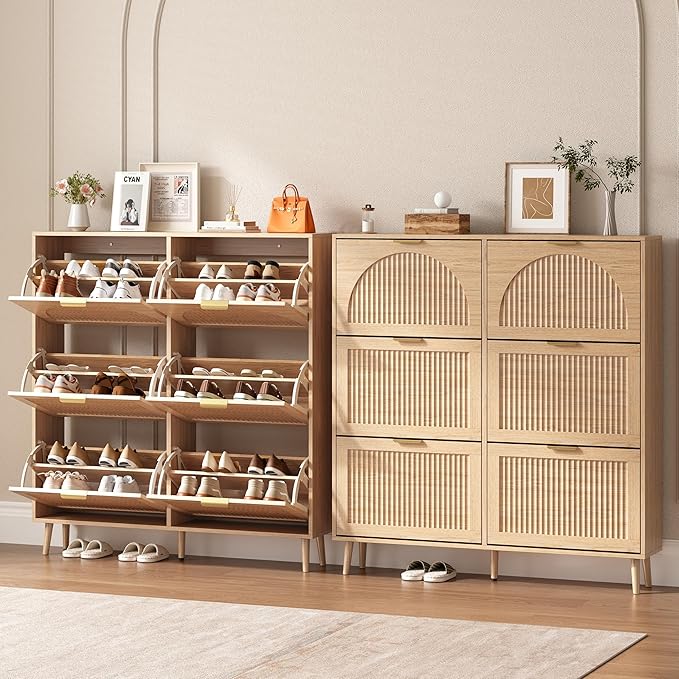 Shoe Cabinet for Entryway with 6 Flip Drawers, Slim Wooden Shoe Storage Organizer with Modern Fluted Pannel，Freestanding Narrow Hidden Shoe Rack for Hallway, Foyer, Living Room
