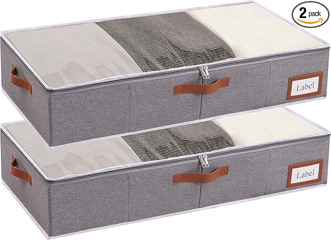 Yawinhe Under Bed Storage, 2 Pack Closet Organizers, Collapsible Container Bags, with Sorting Card Slot and 4 Leather Handles, for Blanket, Bedding, 23.6''Lx11.8''Wx6''H, Grey