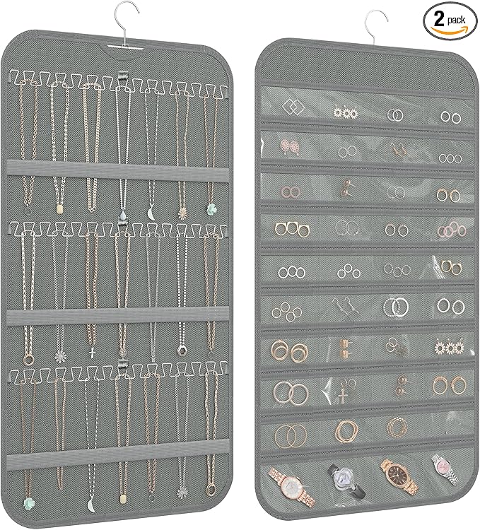 2-Pack Hanging Jewelry Organizer Storage, 40 Pockets 36 Hooks Necklace Earring Necklace Bracelet Ring Organizer, Double - Sided Design, Grey