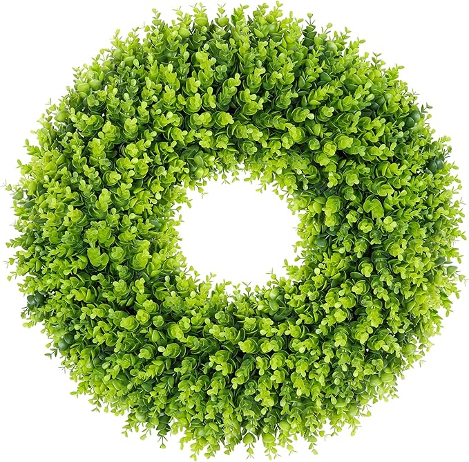 DDHS 28 inch Boxwood Wreath, Artificial Large Spring Wreaths for Front Door with Yellow Sash can DIY Shaped, Summer Wreaths for Hanging in the Shop, Farmhouse, Roof Green Everyday Wreath Home Decor