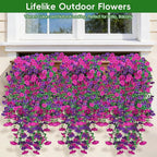 Artificial Hanging Flowers for Outdoors, 6 PCS Silk Morning Glory Artificial Flowers with Eucalyptus Leaves, UV Resistant Fake Flower Realistic Faux Plants for Home Patio Porch Garden, Purple+Fuchsia