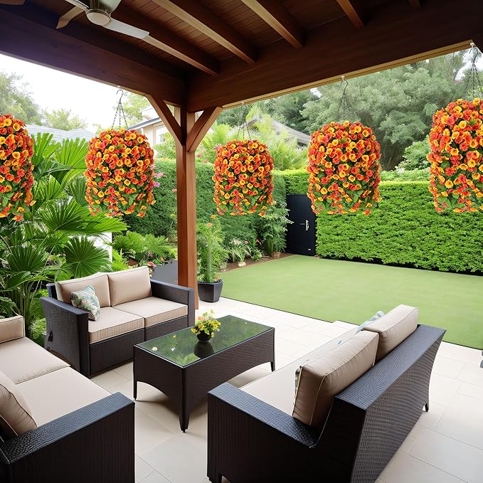 Artificial Fake Hanging Flowers Plants for Outdoor Decoration, 2PCS Faux Silk Morning Glory Long Vines Stems UV Resistant Look Real for Spring Summer Outside Home Porch Patio, Orange Yellow