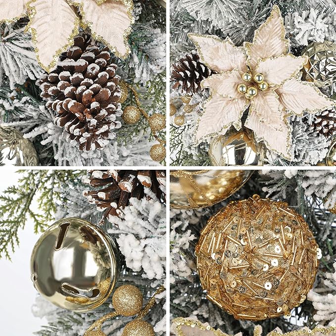 27.5" Artificial Christmas Teardrop Swag with Champagne Poinsettia, Pine Cones, Berries & Ornaments, White Cedar Branch Base for Christmas Thanksgiving Winter Holiday Front Door and Wall Decoration