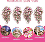 Artificial Hanging Flowers for Outdoors, 4 PCS UV Resistant Faux Plants Silk Realistic 150 Morning Glory Each Vines, Fake Plastic Floral for Garden Patio Spring Summer Decor, Pink