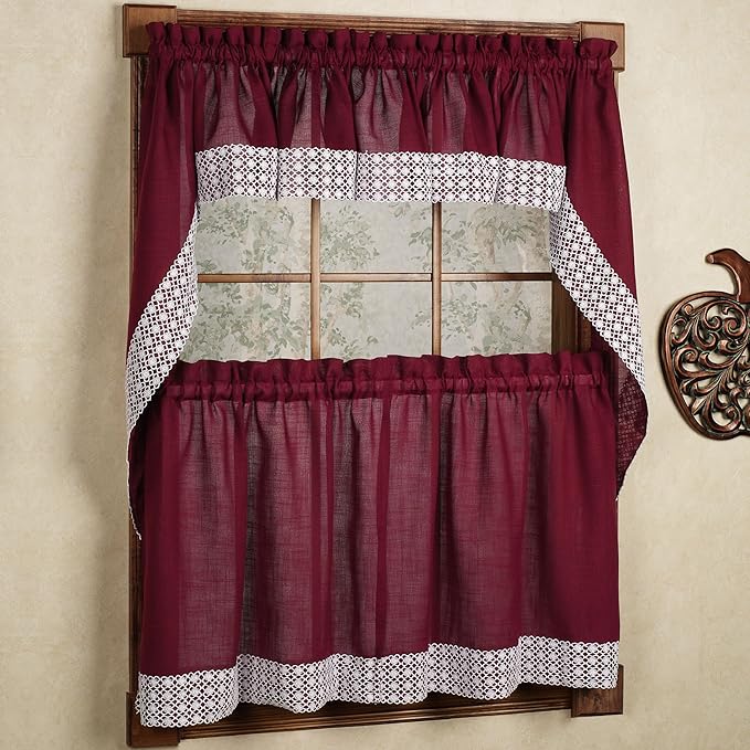 Kitchen Curtains for Windows 40+ Styles & Colors Swag, Valance, Tier Sets & Panels Cafe Curtains for Farmhouse, Rustic, Modern Décor, Salem Burgundy, 24" Tier Valance Set