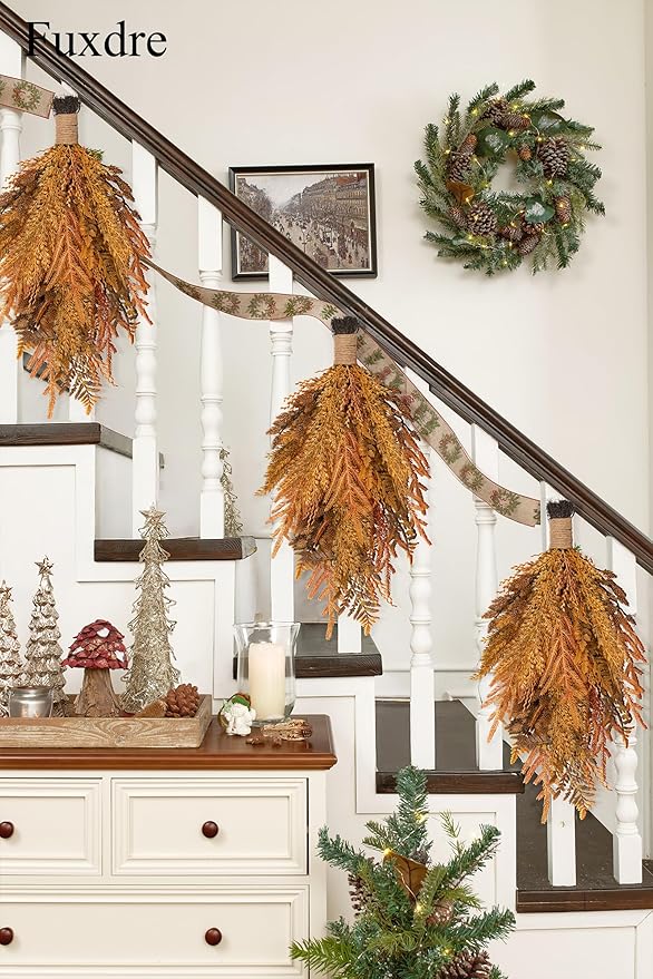 Decorative Teardrop Swag for Front Door, Artificial Wall Swags with Wheat & Pine Cones & Pine Needle for Home Porch Wall Window Halloween Christmas Indoor Outdoor Decor