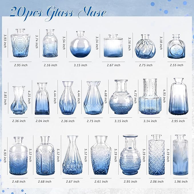 Der Rose Blue Glass Bud Vases Set of 20, Small Bud Vases for Flowers, Rustic Wedding Centerpieces and Home Decor