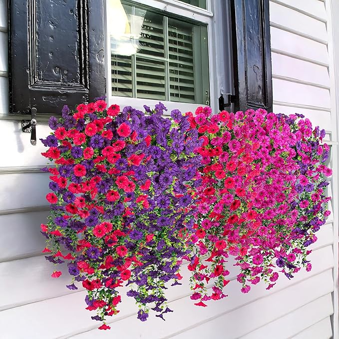 Artificial Hanging Petunias Flowers for Outdoor, 2pcs Fake Plants Long Vine Morning Glory Eucalyptus, UV Resistant Realistic Faux Greenery Outside Patio Porch Garden Spring Summer Decor, Dark Purple
