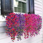 Artificial Hanging Petunias Flowers for Outdoor, 2pcs Fake Plants Long Vine Morning Glory Eucalyptus, UV Resistant Realistic Faux Greenery Outside Patio Porch Garden Spring Summer Decor, Dark Purple