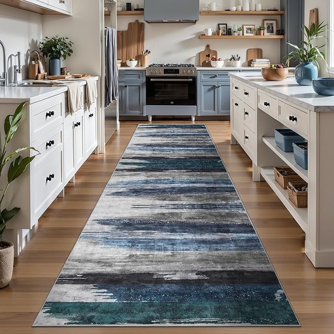 Ciicool 2'6''x14' Washable Runner Rug, Modern Abstract Hallway Rugs Runner, Non-Slip Thin Accent Rug Lightweight Navy Grey Print Distressed Carpet for Laundry Entryway Bedroom Kitchen Indoor