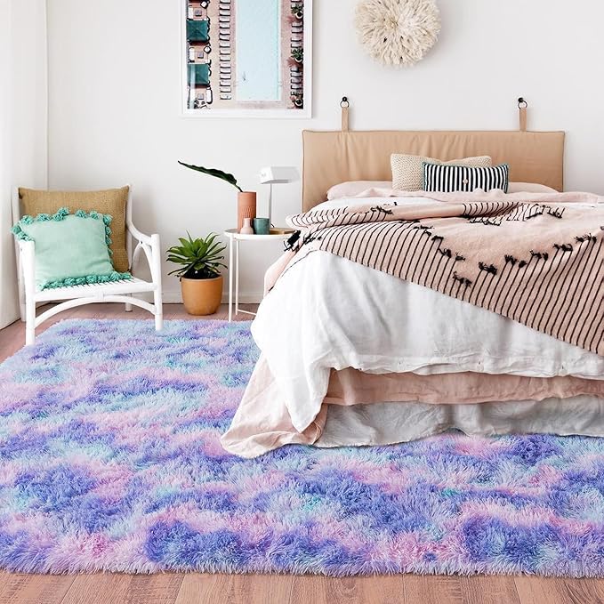 Rugs for Living Room 8x10, Soft Shaggy Modern Shag Area Rug for Bedroom, Upgrade Non-Slip Plush Fluffy Carpet for Kids Boys Girls Room Home Decor Aesthetic, Rainbow Purple