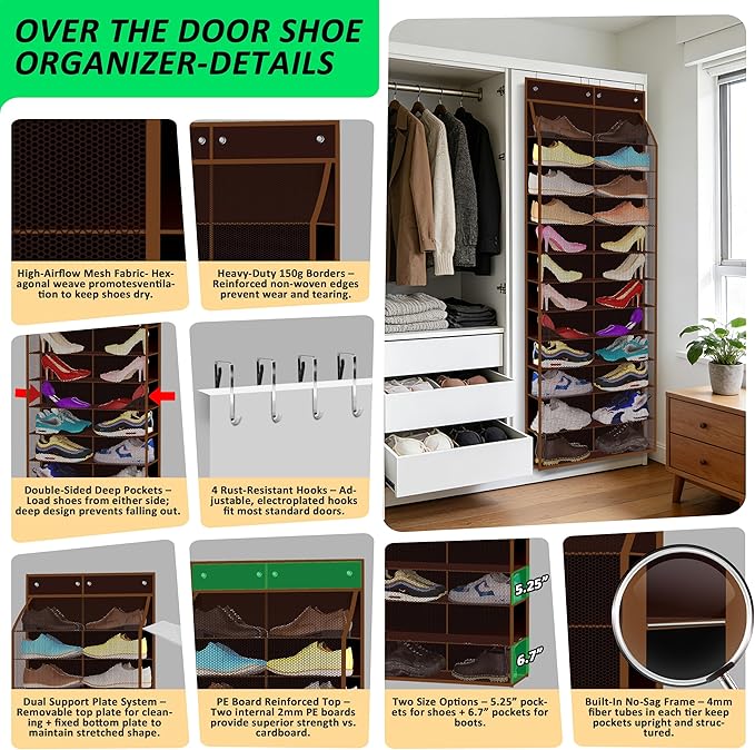 24-Pair Over Door Shoe Organizer for Family & Kids, Double Sided | Hanging Storage for Sneakers, Boots, Toys & Room Organization-Pearl Whitet-Walnut Brown