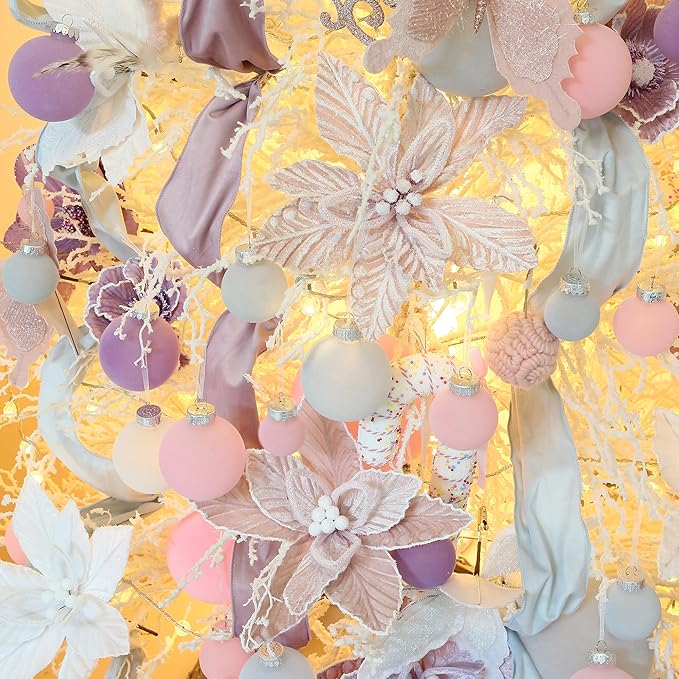 Sea Team 32-Pack Flocked Velvet Christmas Tree Ball Ornaments Set, Decorative Hanging Baubles, Shatterproof Plastic Decorations for Xmas Tree, Wreath, Garland, Multi-Sized, Pink