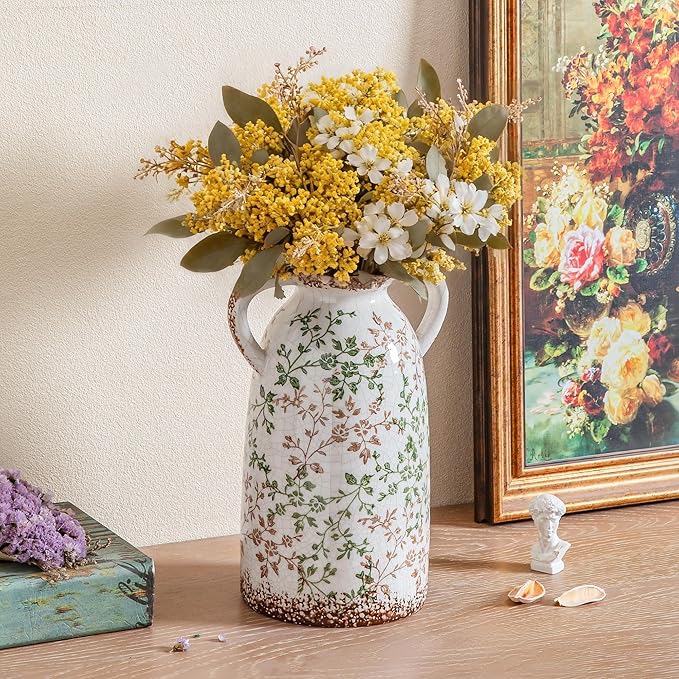 Enra Large Vintage Green and Beige Ceramic Chinoiserie Floral Vase, 11.2 Inch Rustic Decorative Flower Vase for Home, Living Room, Kitchen, or Office – Pastoral Retro Design