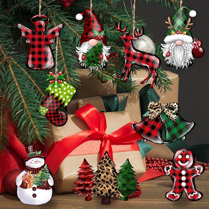 JOPHMO 24 Pieces Christmas Wood Ornaments Snowflake Gnome Snowman Truck Wooden Hanging Ornaments Christmas Tree Cutouts Wood Crafts Holiday Decor Xmas Party Supplies (Xmas-Mixed-A)