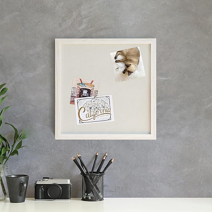U Brands Rustic Linen Bulletin Board, 14" x 14", White Wood Style Frame, Industrial Grade Pinning Surface, Includes Push Pins