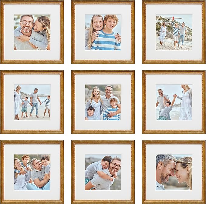 Sheffield Home 9 Piece Gallery Wall Frame Set, 12x12 Inch, Beaded Antique Bronze