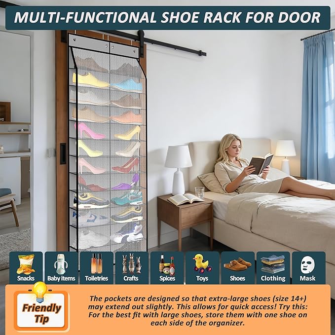 24-Pair Over Door Shoe Organizer for Family & Kids, Double Sided | Hanging Storage for Sneakers, Boots, Toys & Room Organization-Graphite Gray