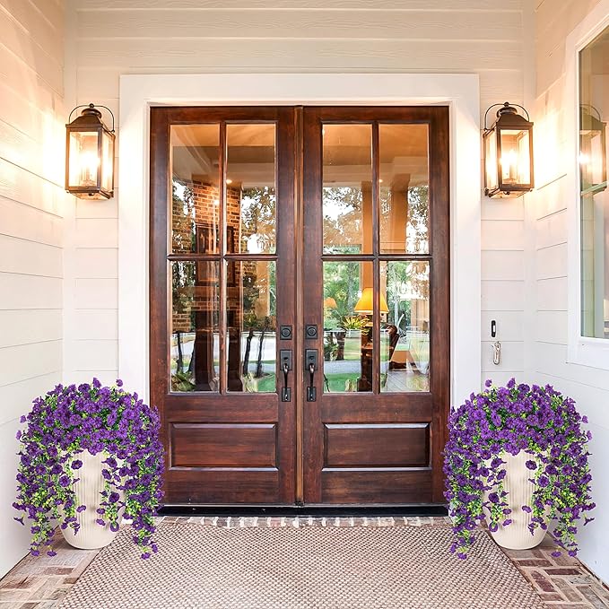Artificial Hanging Petunias Flowers for Outdoor, 2pcs Fake Plants Long Vine Morning Glory Eucalyptus, UV Resistant Realistic Faux Greenery Outside Patio Porch Garden Spring Summer Decor, Dark Purple