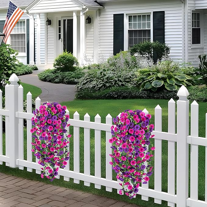 Artificial Hanging Petunias Flowers for Outdoor, 2pcs Fake Plants Long Vine Morning Glory Eucalyptus, UV Resistant Realistic Faux Greenery Indoor Outside Patio Porch Garden Spring Summer Decor, Purple