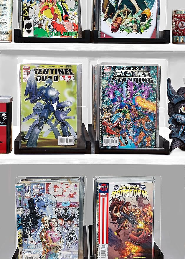 Patented Comic Book Storage Holder – Wooden & Acrylic Display Box/Case for Collectors – Organizer for Comics, Magazines & Books – Holds 150 Issues, 14.5x8 in (Black)