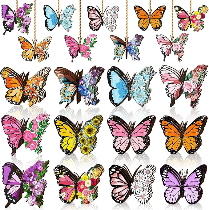 Geelin 36 Pcs Summer Wood Hanging Ornaments for Tree Mini Tree Decorations Hawaiian Beach Wooden Pendant Decorations with String for Luau Party Supplies(Butterfly)