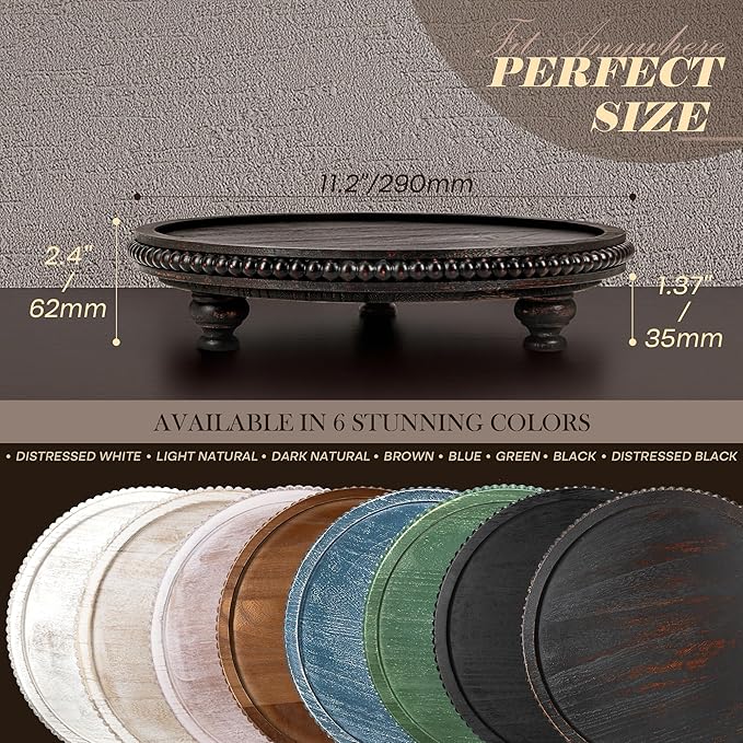 EOSAHR Rustic Round Pine Wooden Display Riser – Beaded Pedestal Stand for Decor, Kitchen Counter Organizer, Coffee table & Cake Stand - Decorative Display Risers for Living Room Decor (Old Black)