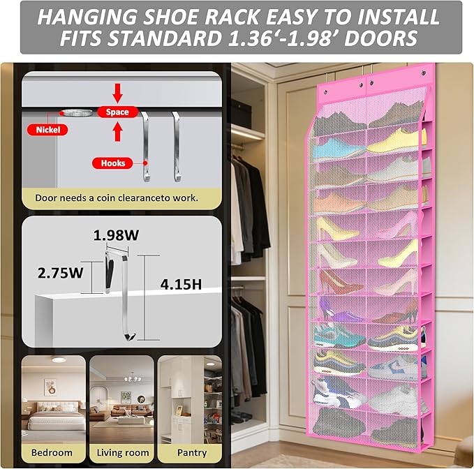 24-Pair Over Door Shoe Organizer for Family & Kids, Double Sided | Hanging Storage for Sneakers, Boots, Toys & Room OrganizationRose Quartz