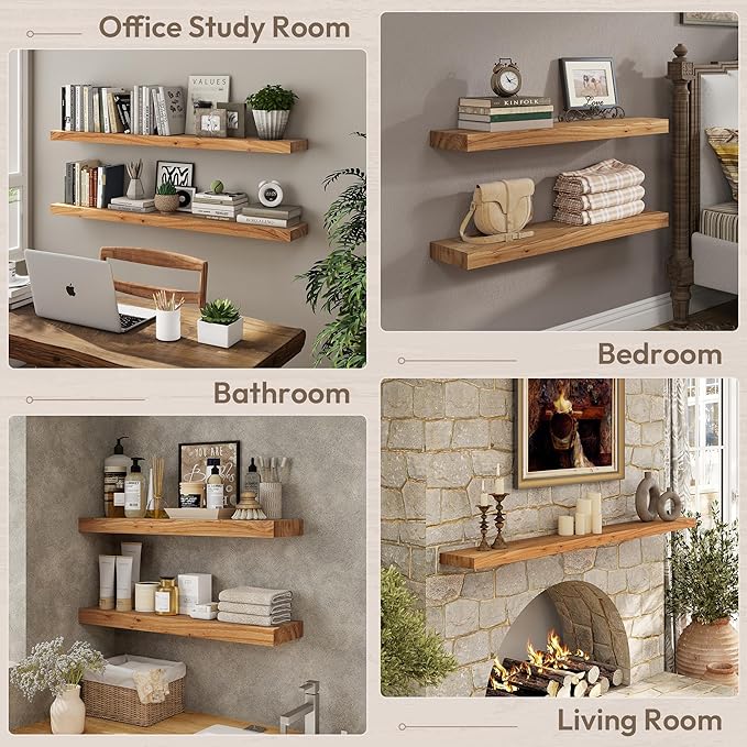 Marsmiles 30 inch Floating Shelves for Wall Solid Elm Wood Shelves|Rustic Wall Shelves with Invisible Heavy-Duty Bracket for Bathroom Living Room Kitchen|Natural, 2 Pack