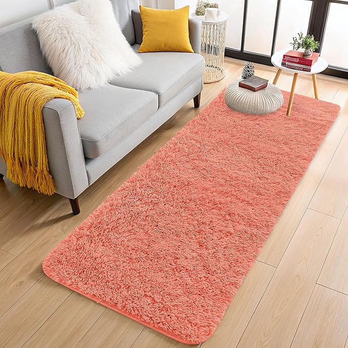 OLANLY 2x6 Machine Washable Runner Rugs for Hallway, Soft Fluffy Shaggy Bedside Rugs for Bedroom, Living Room, Indoor Floor Carpet for Kids Girls and Boys, Home Decor Aesthetic, Coral Red