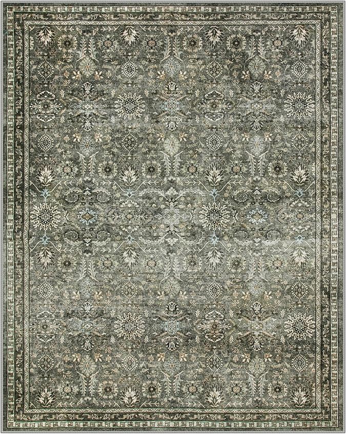 Lahome Green 8x10 Rugs for Living Room, Boho Washable Area Rugs for Bedroom, Rubber Backed Non Slip Floor Carpets for Dining Room Home Apartment, Dark Olive Green