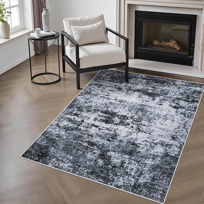Washable Area Rug 3x5 Entryway Rug: Washable Modern Abstract Soft Thin Rug Indoor Floor No Slip Stain Resistant Carpet for Bedroom Dining Room Farmhouse Nursery Home Office - Black
