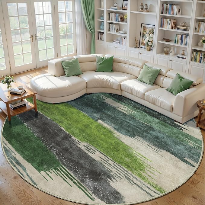 Ciicool 8ft Round Washable Rug, Modern Abstract Circle Rugs, Non-Slip Thin Lightweight Rug Green Circular Print Distressed Carpet for Bedroom Living Room Under Dining Table Home Office Decor