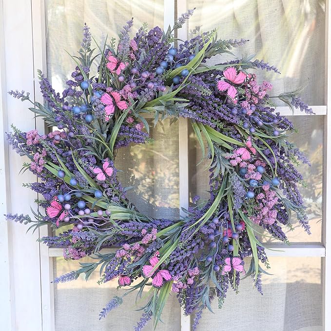 Lavender Wreaths for Front Door 24 Inch Spring Summer Wreath with Lavender,Berries, Butterflies,for Year-Round Use Indoors and Outdoors as Wall, Door, Window, Party and Wedding Decorations