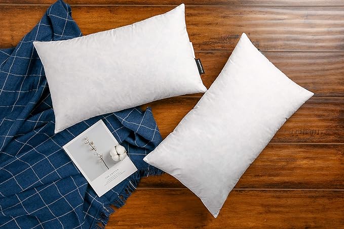 JA COMFORTS 12×20 Premium Goose Down Feather Throw Pillow Inserts(Set of 2)-5% Down Filling,High Filling Weight,250 TC Cotton Cover, Square, White