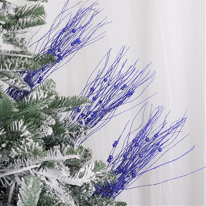 SLK 16-Pack Artificial Glitter Berry Stem Ornaments, Christmas Decorative Glittery Twigs, Picks, Branches for Tree, Wreath, Small Vase, Halloween Party (Royal Blue)