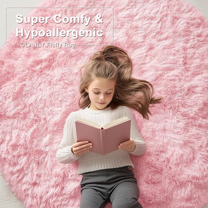 OLANLY Pink Round Rugs for Bedroom - Machine Washable, 9 ft Circle Area Rugs for Living Room, Soft and Fluffy Shaggy Carpet for Teen Girls and Boys, Nursery Rooms, Dorms, Home Decor Aesthetic