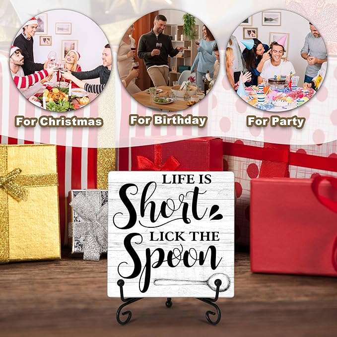 Kitchen Counter Decor, Kitchen Decor and Accessories, Life Is Short Sign, Fun Farmhouse Wooden Plaque with Iron Stand for Dinning Room Shelf Display-A08
