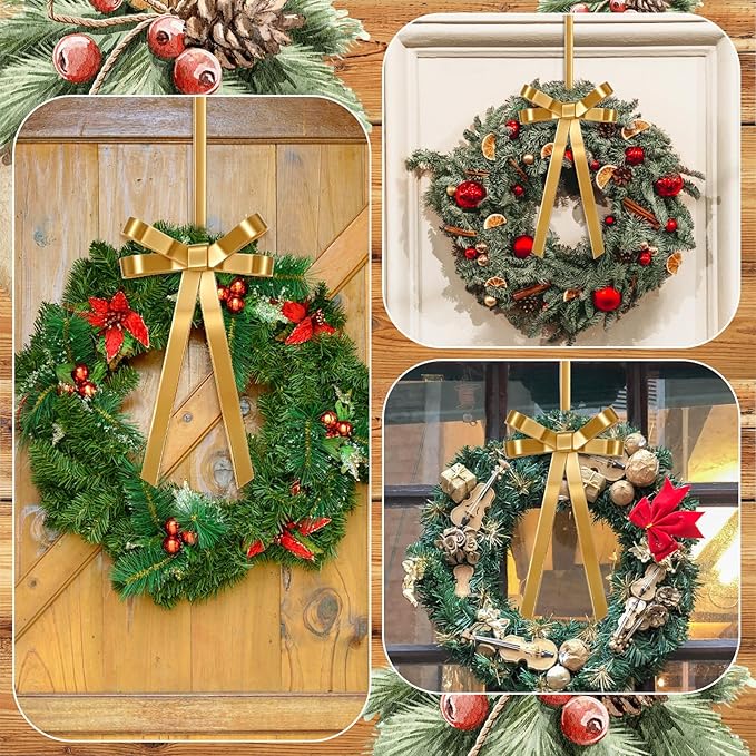 2 Pack Christmas Wreath Hangers for Front Door Christmas Decoration Metal Bow Door Wreath Hanger Front Gold Bow Garland Hooks Hanging Welcome Sign for Xmas Halloween Fall Decorations